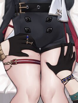 1boy 1girl absurdres aventurine_(honkai:_star_rail) bed_sheet black_gloves bracelet commentary english_commentary gloves good_thighs_day hand_on_another&#039;s_thigh highres honkai:_star_rail honkai_(series) jewelry lower_body miclipse pov pov_hands ring thigh_focus thigh_grab thigh_strap thighs topaz_(honkai:_star_rail)