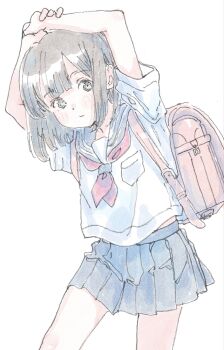 1girl :/ backpack bag blue_sailor_collar blue_skirt blunt_bangs blush bow bowtie brown_eyes brown_hair cowboy_shot dot_nose double-parted_bangs expressionless highres looking_at_viewer midriff_peek original pleated_skirt poranka_(porankaran) randoseru red_bow red_bowtie sailor_collar school_bag school_uniform serafuku shirt short_hair short_sleeves sidelocks simple_background skirt solo stretching white_background white_shirt