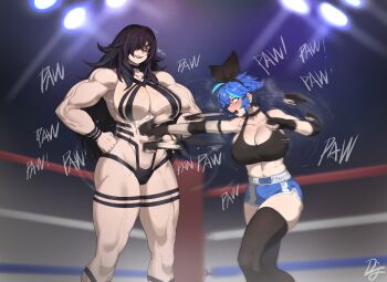 2girls abs ass bare_shoulders black_choker black_hair blue_hair blush boxing breasts brown_eyes catfight choker cleavage clenched_hand dif_(difman) difman fishnets green_eyes height_difference highres large_breasts laughing long_bangs long_hair looking_at_another looking_down midriff motion_blur multiple_girls muscular muscular_arms muscular_female muscular_legs nervous_sweating obliques open_mouth original punching rapid_punches sharp_teeth short_hair short_shorts shorts sideboob size_difference smile smug sound_effects standing stomach_punch strong sweat tall_female teeth thick_thighs thighhighs thighs underboob veins very_long_hair violence wrestling_outfit wrestling_ring