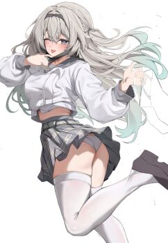 1girl ass bag black_hairband blue_pupils blush breasts firefly_(honkai:_star_rail) firefly_(spring_missive)_(honkai:_star_rail) gradient_eyes grey_hair grey_sailor_collar grey_skirt hairband highres holding holding_bag honkai:_star_rail honkai_(series) kiro_(kirotayu) leg_up long_hair long_sleeves looking_at_viewer mask medium_breasts multicolored_eyes one_eye_closed panties plaid_clothes pulling sailor_collar school_uniform serafuku shirt shoes skindentation skirt smile solo thighhighs tongue underwear white_background white_panties white_shirt white_thighhighs