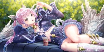 1girl azumi_nanaka black_shorts black_skirt blue_reflection_(series) blue_reflection_sun blurry blurry_background boots breasts bush choker crop_top eating food french_fries frilled_shorts frilled_skirt frills game_cg grey_eyes hair_ornament highres holding holding_food kishida_mel knee_boots long_hair lying magical_girl midriff non-web_source official_art on_bench on_side open_mouth outdoors pink_hair red_ribbon ribbon ribbon_choker shorts sidelocks skirt small_breasts solo tongue tongue_out twintails white_boots wide_sleeves wolf