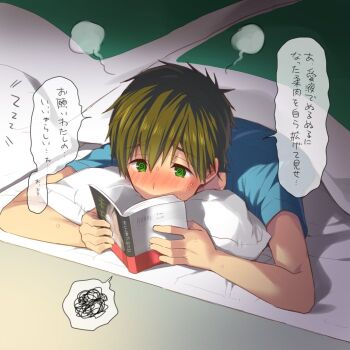 1boy blush book brown_hair child dark futon green_eyes high_speed! lying male_focus mo_(nmnme) pillow pornography short_hair stealth sweat tachibana_makoto text_focus translated