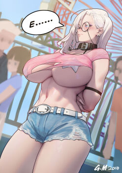 1girl absurdres aibo_(gorgeous_mushroom) arms_behind_back bdsm bitch_taken_for_walk blue_eyes blush bondage bound braid collar day ear_piercing earrings exhibitionism female_focus glasses gorgeous_mushroom highres jewelry leash muscular muscular_female nipples_covered original piercing public_indecency restrained rope see-through_clothes see-through_shirt shirt star_(symbol) star_sticker sticker tall_female white_hair