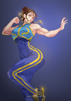 Rule 34 | 1girl, armpits, artist name, ass, bare arms, bare shoulders, bilingual commentary, blue background, blue bodysuit, blue shoes, blue vest, bodysuit, breasts, brown eyes, brown hair, capcom, choppy bangs, chun-li, clenched hand, commentary, covered abs, covered navel, double bun, english commentary, fighting stance, foot out of frame, hair bun, hair ribbon, hands up, highres, laditos baldosa, large breasts, leg up, lips, lone nape hair, looking to the side, mixed-language commentary, multicolored shoes, muscular, muscular female, parted lips, ribbon, shoes, short hair, sidelocks, simple background, skin tight, sleeveless, sneakers, solo, spanish commentary, standing, standing on one leg, street fighter, street fighter zero (series), thick thighs, thighs, turning head, two-tone shoes, vest, yellow ribbon, yellow shoes, yellow trim