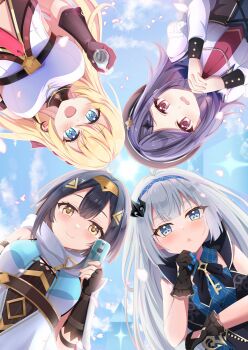 4girls absurdres amber_(stella_sora) breasts commentary_request female_tyrant_(stella_sora) from_below highres iris_(stella_sora) large_breasts long_hair looking_at_viewer looking_down multicolored_hair multiple_girls noya_(stella_sora) outdoors pointy_ears ritora_(syrup11g) sky small_breasts smile stella_sora tyrant_(stella_sora)