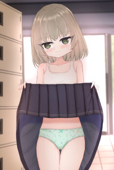 1girl black_skirt blush bow bow_panties bra brown_hair clothes_lift clothes_writing collarbone crotch_seam door embarrassed flat_chest food_print green_bow green_eyes green_panties ice_cream_print locker locker_room loli looking_to_the_side original panties polka_dot polka_dot_panties print_panties shooko short_hair skirt skirt_lift standing sweat underwear white_bra