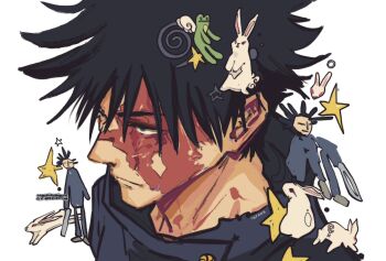 Rule 34 | 1boy, black hair, blue eyes, closed mouth, commentary, english commentary, frog, fushiguro megumi, highres, jujutsu kaisen, jujutsu tech uniform, o6frog, rabbit, scar, scar on face, short hair, simple background, white background