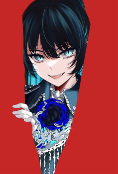 1girl ado_(utaite) black_hair blending blue_eyes blue_flower blue_hair blue_rose chando_(ado) commentary_request fangs flower gloves highres looking_at_viewer m_(1n910) mole mole_under_eye open_mouth red_background rose simple_background solo white_gloves yodaka_(ado)