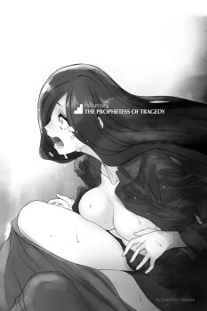 1girl breasts cassandra_ilion dungeon_ni_deai_wo_motomeru_no_wa_machigatteiru_darou_ka highres large_breasts long_hair open_clothes open_mouth solo sweat