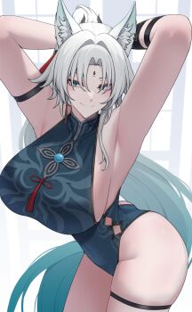 absurdres alternate_costume animal_ear_piercing animal_ears ant_k aqua_eyes arm_strap armpits arms_behind_head ass breasts clothing_cutout curvy feixiao_(honkai:_star_rail) fox_ears gradient_hair green_hair highleg highleg_leotard highres honkai:_star_rail honkai_(series) huge_ass huge_breasts leotard looking_at_viewer multicolored_hair side_cutout sideboob sliding_doors smile thick_thighs thigh_strap thighs tsurime white_background white_hair