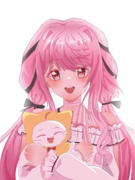 1girl ^_^ ahoge animal arm_cutout bare_shoulders black_bow black_ribbon bow bow_choker bowtie bra_strap brown_eyes cat choker cloak closed_eyes clothed_animal clothing_cutout collarbone dot_nose ear_covers eyelashes fang frilled_shirt frilled_sleeves frills hair_bow hair_intakes hair_ribbon happy highres holding holding_animal holding_cat hood hood_up hooded_cloak infinity_nikki light_blush long_hair long_sidelocks long_sleeves looking_at_viewer loose_hair_strand low_twintails momo_(nikki) nikki_(nikki) nikki_(series) off-shoulder_shirt off_shoulder open_mouth perfect_start_(infinity_nikki) pink_bow pink_bowtie pink_choker pink_hair puffy_long_sleeves puffy_sleeves rachelgardner208 red_bow red_bowtie ribbon shirt sidelocks simple_background single_stripe sleeves_past_wrists smile striped_bow striped_bowtie striped_choker striped_clothes teeth traditional_bowtie tress_ribbon twintails upper_body upper_teeth_only very_long_hair wavy_hair whiskers white_background white_cat white_shirt yellow_cloak