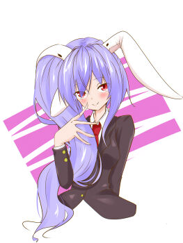 1girl absurdres animal_ears black_jacket blazer blush breasts commentary cropped_torso dress_shirt floppy_ears highres jacket long_fingers long_hair long_sleeves looking_at_viewer medium_breasts meme mendou_jun necktie purple_hair rabbit_ears rabbit_girl red_eyes red_necktie reisen_udongein_inaba shirt side_ponytail sidetail_miku_noodle_stopper_(meme) smile solo touhou upper_body very_long_hair white_shirt