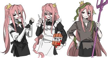 1boy absurdres alternate_costume androgynous animification apron bishounen black_apron black_dress black_gloves black_vest block_(minecraft) blood blood_on_face braid brown_tunic butler cosplay crossdressing crossdressing_(mtf) crown dress drowned_(minecraft) drowned_(minecraft)_(cosplay) enmaided explosive fingerless_gloves gloves gold_crown hair_between_eyes hair_down hand_on_own_hip highres holding holding_polearm holding_weapon humanization jsjdndhidnshssj juliet_sleeves long_hair long_sleeves looking_at_viewer low-braided_long_hair low-tied_long_hair maid male_focus male_maid meme minecraft minecraft_youtube mini_crown multiple_views open_mouth pink_hair pointed_crown pointy_ears polearm ponytail puffy_sleeves red_eyes seaweed shirt simple_background single_braid technoblade technomaid_(meme) tnt tnt_block_(minecraft) trap tunic vest waist_apron weapon white_apron white_background white_shirt