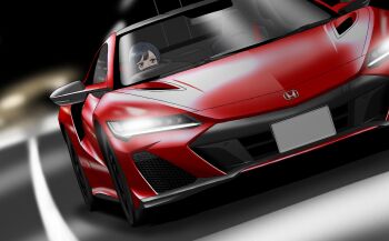 1girl black_hair blurry blurry_background commentary_request driving grey_eyes headlamp highres honda honda_nsx looking_at_viewer love_live! love_live!_nijigasaki_high_school_idol_club shutokou_battle shutokou_battle_(2025) solo vehicle_focus yohakichi yuki_setsuna