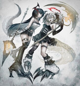 2girls absurdres black_boots black_dress black_hands black_shorts boots breasts colored_extremities commentary commission double-parted_bangs dragon_girl dragon_horns dragon_tail dress fake_claws fingernails grey_background grey_eyes grey_hair hair_between_eyes halo hand_up heterochromia high_heel_boots high_heels highres holding holding_scythe holding_weapon horns long_hair looking_at_viewer multiple_girls nia_(x_x02) o-ring o-ring_thigh_strap open_mouth original red_eyes red_halo scythe sharp_fingernails short_dress short_hair short_shorts shorts skeb_commission small_breasts smile spiked_thigh_strap spikes tail tank_top thigh_strap tongue tongue_out twintails weapon white_tank_top