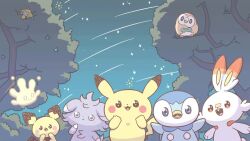 :d animated blue_eyes commentary_request espurr gen_1_pokemon gen_2_pokemon gen_3_pokemon gen_4_pokemon gen_6_pokemon gen_7_pokemon gen_8_pokemon jirachi legendary_pokemon milcery mythical_pokemon night nintendo no_humans official_art open_mouth outdoors pichu pikachu piplup pokemon pokemon_(creature) rowlet scorbunny shooting_star sky smile star_(sky) tagme tree video