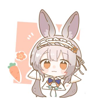 1girl :3 animal_ears arknights carrot chi_nata closed_mouth commentary grey_hair long_hair orange_eyes rabbit_ears rabbit_girl solo symbol-only_commentary warmy_(arknights)