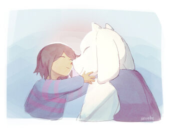 1girl 1other animal_ears blue_shirt brown_hair closed_eyes commentary double_horizontal_stripe english_commentary frisk_(undertale) furry furry_female goat_ears goat_girl goat_horns horns nuzzle seirette shirt short_hair signature striped_clothes striped_shirt toriel undertale utdr_(toby_fox) white_horns
