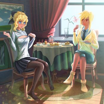 10s 2girls black_legwear blonde_hair blue_eyes blush breasts cafeteria cake cake_slice cardigan carpet chair chromatic_aberration cleavage_cutout cleavage_reach clothing_cutout coffee coffee_pot crossed_legs cup curtains feet flower food fruit full-face_blush hair_ribbon highres indoors katawa_shoujo long_hair medium_breasts multiple_girls necktie no_shoes open-chest_sweater painting_(object) pantyhose plate raiine_rand red_eyes ribbon satou_akira satou_lilly saucer short_hair shorts siblings sisters sitting skirt small_breasts smile socks spoon strawberry strawberry_shortcake sweater table tablecloth tan teacup thighhighs window wooden_floor