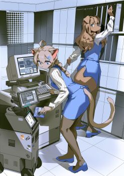 2girls ahoge animal_ears blue_eyes blue_shoes blue_skirt blue_vest brown_hair cat_ears cat_girl cat_tail clothing_cutout computer crt denchou dog_ears dog_girl dog_tail floppy_disk floppy_ears furry furry_female highres indoors leaning_forward long_sleeves monitor multiple_girls original pantyhose pencil_skirt shoes skirt smile standing tail tail_through_clothes vest