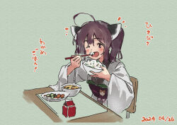 Rule 34 | 1girl, ;d, ahoge, blush, bowl, brown eyes, brown hair, chopsticks, dated, food, food request, green background, headgear, holding, holding bowl, holding chopsticks, japanese clothes, kimono, lamb (hitsujiniku), long sleeves, looking at viewer, one eye closed, open mouth, plate, rice, simple background, smile, solo, soup, table, touhoku kiritan, translation request, twintails, upper body, voiceroid, white kimono, wide sleeves