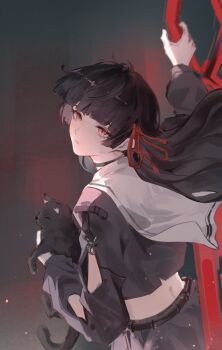 1girl arm_cutout black_cat black_choker black_hair black_skirt cat chisa_(wuthering_waves) choker clothing_cutout commentary cowboy_shot crop_top elyzerda hair_ribbon holding holding_sword holding_weapon long_hair long_sleeves looking_at_viewer looking_to_the_side parted_lips red_eyes red_ribbon ribbon sailor_collar skirt solo sword weapon white_sailor_collar wuthering_waves