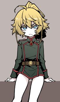 1girl ahoge akableak blonde_hair blue_eyes bottomless closed_mouth green_jacket highres jacket long_sleeves looking_at_viewer military_uniform short_hair solo tanya_degurechaff thick_eyelashes tsurime youjo_senki