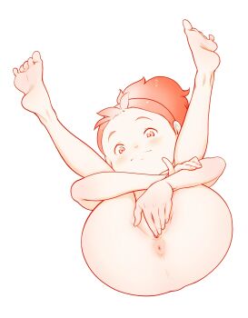 1girl anus anus_only barefoot blush closed_mouth covering_privates feet highres hugging_own_legs legs_up loli lying monochrome nanami_simpson nanatsu_no_umi_no_tico nude on_back ponytail pussy pussy_peek red_theme riarutoruchokku short_bangs simple_background soles solo toes white_background world_masterpiece_theater