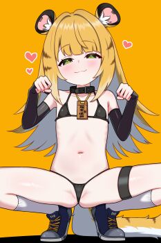 1girl :3 absurdres animal_ear_fluff animal_ears belt_collar bikini black_bikini black_collar black_gloves blonde_hair blue_shoes brown_hair closed_mouth collar colored_inner_hair commentary_request elbow_gloves fingerless_gloves flat_chest full_body gloves green_eyes half-closed_eyes heart highres ju_fufu loli long_hair looking_at_viewer multicolored_hair navel paid_reward_available shoes socks solo spread_legs squatting swimsuit tail thigh_strap tiger_ears tiger_girl tiger_tail white_hair white_socks zenless_zone_zero zing_(z_z_zing)