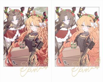 2girls antlers black_bodysuit blue_eyes bodysuit bow box capelet christmas_ornaments christmas_tree closed_mouth commentary fur-trimmed_capelet fur_trim green_eyes highres holding holding_box horns ishmael_(project_moon) limbus_company long_hair miwu_108 multiple_girls open_mouth orange_hair project_moon r_corp._(identity)_(project_moon) red_capelet reindeer_antlers rodion_(project_moon) sidelocks smile symbol-only_commentary very_long_hair white_bow