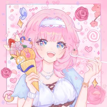 Rule 34 | 1girl, bikini, blue eyes, blue jacket, border, breasts, chinese commentary, commentary request, donut, elysia (honkai impact), elysia (miss pink elf) (honkai impact), elysia (summer miss elf) (honkai impact), flower, food, hairband, heart, holding, holding spoon, homu (honkai impact), honkai (series), honkai impact 3rd, ice cream cone, jacket, large breasts, ling280945, long hair, looking at viewer, official alternate costume, open mouth, pink border, pink hair, red flower, red rose, rose, smile, solo, spoon, swimsuit, upper body, very long hair, white bikini, white hairband