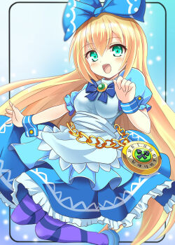 1girl :d alice_(alice_in_wonderland) alice's_adventures_in_wonderland apron blonde_hair blue_background blue_bow blue_bowtie blue_dress blue_shoes blurry blurry_background blush bow bowtie breasts chain club_(shape) commentary_request dress female_focus framed frilled_dress frills gem gradient_background green_eyes green_gemstone hair_between_eyes hair_bow hand_up highres layered_dress long_hair looking_at_viewer medium_breasts open_mouth out_of_frame outside_border outstretched_arm outstretched_hand pocket_watch puffy_short_sleeves puffy_sleeves purple_thighhighs roman_numeral sash shoes short_sleeves smile solo spade_(shape) striped_clothes striped_thighhighs thighhighs time vermentino very_long_hair watch white_apron wind wrist_cuffs