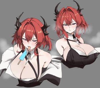 Rule 34 | 1girl, absurdres, annoyed, arknights, arknights: endfield, bare shoulders, black horns, blush, breasts, cleavage, commentary request, demon horns, dress, food, hair between eyes, hair intakes, highres, horns, laevatain (arknights), large breasts, multiple views, popsicle, popsicle stick, purple eyes, red hair, s4ika, surtr (arknights), sweat