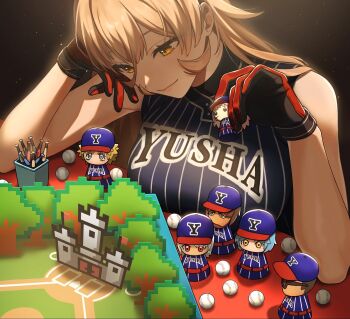 ball bare_arms baseball_(object) baseball_bat baseball_field baseball_uniform belmond_banderas blonde_hair blue_shirt breast_rest breasts breasts_on_table castle character_doll closed_mouth clothes_writing commentary_request doll elbow_rest ex_albio gloves gwelu_os_gar hair_between_eyes hand_on_own_head hands_up hayama_marin head_rest highres holding holding_doll large_breasts light_particles lips long_hair looking_down moira_(nijisanji) nijisanji nijisanji_koshien nijisanji_kr nui_sociere orange_eyes pinstripe_pattern pinstripe_shirt red_gloves shirt sleeveless sleeveless_shirt smile solo sportswear toy upper_body virtual_youtuber yang_nari zmzm_hiji