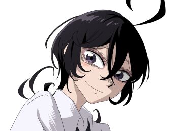 1girl ahoge black_hair fuyumura_shiori hair_between_eyes highres long_hair purple_eyes quelcom sanda_(itagaki_paru) shirt smile solo transparent_background white_shirt