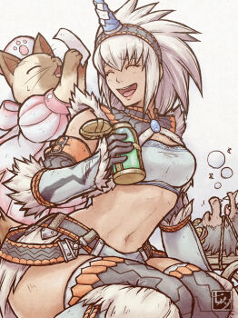 1girl :d ^_^ arm_belt bandages belt belt_buckle black_belt black_hairband breasts buckle cat closed_eyes dress eyelashes fake_horns felyne fur_trim furrowed_brow grey_hair hair_between_eyes hairband hat horn_hairband khezu_(armor) kirin_(armor) long_hair medium_breasts midriff monkey monster_hunter_(character) monster_hunter_(series) navel nurse_cap open_mouth orange_belt paw_print pink_lips puffy_short_sleeves puffy_sleeves rajang short_sleeves sitting smile squeans strapless tanabanata teeth thighhighs tube_top upper_teeth_only white_dress white_hat white_tube_top zzz