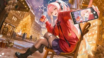 1girl absurdres aemeath_(wuthering_waves) aerial_fireworks ahoge black_boots blue_skirt boots brown_pantyhose christmas christmas_tree commentary crossed_legs cup diamond-shaped_pupils diamond_(shape) fireworks highres holding holding_cup holding_phone ikkia jacket kneehighs long_hair long_sleeves looking_at_viewer miniskirt multiple_others open_mouth outdoors outstretched_arm pantyhose phone pink_hair plaid_clothes plaid_skirt pleated_skirt ponytail red_jacket selfie sidelocks skirt smile snowing socks solo_focus symbol-only_commentary symbol-shaped_pupils thigh_strap very_long_hair winter_clothes wuthering_waves yellow_eyes