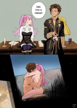 1boy 1girl are_you_a_virgin?_(meme) arms_around_neck ass book breasts brown_hair butt_crack candle claude_von_riegan closed_eyes cup desk english_text fire_emblem fire_emblem:_three_houses girl_on_top hilda_valentine_goneril inkwell kiss looking_at_another nintendo nude pink_eyes pink_hair quill school_uniform sex sideboob sitting skirt speech_bubble spilling straddling sweat tamafry teacup thighhighs twintails vaginal