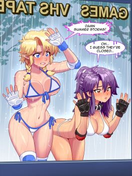 2girls against_glass belt_collar bikini black_gloves blonde_hair blue_eyes braid braided_sidelocks breasts brown_eyes collar commentary elbow_pads english_commentary fingerless_gloves front-tie_bikini_top front-tie_top gloves leaning_forward multiple_girls navel original pointy_ears ponytail purple_hair rain ronindude sassy_(ronindude) side-tie_bikini_bottom swimsuit wet white_bikini
