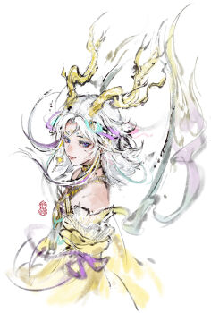 Rule 34 | 1girl, antlers, bare shoulders, blue eyes, chinese clothes, chinese commentary, choir, chroma's mortal heart (infinity nikki), closed mouth, commentary request, cropped legs, deer antlers, detached sleeves, dress, eyelashes, floating hair, flower tattoo, forehead tattoo, frilled sleeves, frills, gold choker, hair ribbon, halo, halo behind head, halter dress, halterneck, happy, highres, horns, infinity nikki, light smile, lipstick, long hair, long sidelocks, long sleeves, makeup, nikki (series), parted bangs, pink lips, purple ribbon, ribbon, sasora, sidelocks, signature, simple background, sleeve ribbon, solo, strapless, strapless dress, tattoo, white background, white dress, white hair, white halo, yellow horns, yellow sleeves