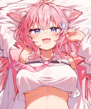 1girl :d animal_ears antenna_hair arm_up bed_sheet black_choker breasts chest_belt choker coat collared_shirt commentary cropped_shirt deaver double-parted_bangs fang frilled_shirt frills hakui_koyori hakui_koyori_(1st_costume) hand_up hexagon_hair_ornament highres hololive lab_coat lapels large_breasts looking_at_viewer lying necktie notched_lapels on_back open_mouth pink_hair pink_necktie purple_eyes shirt sidelocks skin_fang sleeveless sleeveless_shirt smile solo underboob upper_body virtual_youtuber white_coat white_shirt wolf_ears wolf_girl