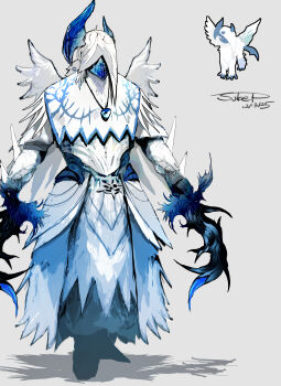absol absurdres armor blue_horns dated dual_wielding gen_3_pokemon grey_background helmet highres holding horns mega_absol mega_pokemon nintendo personification pokemon pokemon_(creature) red_eyes reference_inset revision shadow signature simple_background solo standing sukepmonster white_hair white_wings wings