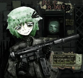 ... 1boy 1girl bags_under_eyes black_bodysuit black_coat black_gloves blue_eyes bodysuit bodysuit_under_clothes borrowed_character brick_wall cassette_player character_name closed_mouth coat commentary dark dark_background dark_room dialogue_box dialogue_options dilapidated english_commentary english_text forced_smile gloves green_hair gun hair_ornament hairclip head_tilt highres holding holding_gun holding_weapon imax_3d kiosk leaning_to_the_side looking_at_object looking_down looking_through_window magazine_(weapon) marie_(peripeteia) marquee_lights medium_hair neon_lights neon_sign nervous_sweating open_window original peripeteia poland shadow shop sign sketch submachine_gun suppressor sweat trench_coat trigger_discipline truss uncomfortable upper_body user_interface weapon weapon_focus window