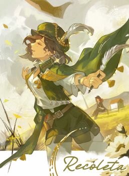 2girls black_hair black_shorts black_suit black_vest brown_hair cape character_name closed_eyes cloud cloudy_sky commentary cowboy_shot english_commentary fence flower formal_clothes from_side grass green_cape green_hat hat hat_feather highres holding holding_quill house hunting_(reverse:1999) multiple_girls newsboy_cap outdoors outstretched_arms panmee pantyhose profile quill recoleta_(reverse:1999) reverse:1999 shirt short_hair shorts sitting_on_fence sky solo_focus sparkle spread_arms suit vest white_flower white_pantyhose white_shirt wooden_fence