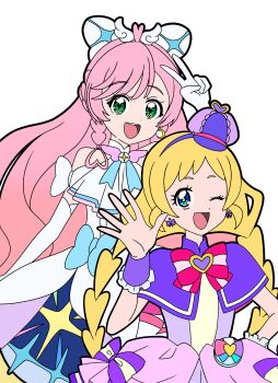 Rule 34 | 2girls, :d, ;d, absurdres, ahoge, arm bow, arm up, ascot, bare shoulders, blonde hair, blue bow, blue eyes, bow, bow earrings, braid, bright pupils, brooch, capelet, chest bow, commentary, cure friendy, cure prism, deerstalker, dress, dress bow, earrings, elbow gloves, frilled wrist cuffs, frills, gloves, green eyes, hair bow, hair ornament, hairband, half up braid, halter dress, halterneck, hand on own hip, hand up, hat, hat ornament, heart, heart ahoge, heart brooch, heart hat ornament, highres, hirogaru sky! precure, in-franchise crossover, inukai iroha, jewelry, long hair, looking at viewer, low-tied long hair, low twin braids, magical girl, masami 01st, medium dress, multiple girls, nijigaoka mashiro, one eye closed, open hand, open mouth, pact holder, pink bow, pink hair, pouch, precure, purple bow, purple capelet, purple dress, purple hairband, purple hat, purple wrist cuffs, side braids, simple background, single earring, sleeveless, sleeveless dress, smile, sphere earrings, spread fingers, striped bow, swept bangs, teeth, tilted headwear, twin braids, upper body, upper teeth only, v, very long hair, waving, white ascot, white background, white bow, white dress, white gloves, wing brooch, wing hair ornament, wonderful pact, wonderful precure!, wrist cuffs, yellow pupils