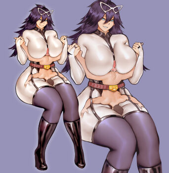 1boy 1girl absurdres amazon_position black_hair boku_no_hero_academia boots breasts clothed_female_nude_male cum ejaculation eye_mask femdom full_body garter_straps highres huge_breasts looking_down mask midnight_(boku_no_hero_academia) nude paizuri panda-k purple_background reverse_paizuri sitting sitting_on_air size_difference small_penis smile smother spread_legs tall_female teasing testicles