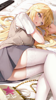 1girl absurdres bag bed_sheet blonde_hair breasts brown_sweater_vest bucchake_(asami) collared_shirt commentary controller dated elbow_gloves gloves grey_skirt handbag head_on_pillow highres large_breasts long_hair looking_at_viewer lying miniskirt on_side open_mouth pillow pleated_skirt remote_control school_emblem school_uniform shirt shokuhou_misaki short_sleeves skirt solo sparkling_eyes spider_web_print summer_uniform sweater_vest thighhighs toaru_kagaku_no_mental_out toaru_kagaku_no_railgun toaru_majutsu_no_index tokiwadai_school_uniform v-neck very_long_hair white_shirt white_thighhighs yellow_eyes