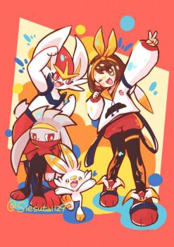 1girl alternate_color bandaid brown_eyes brown_hair cinderace furry gen_8_pokemon gloria_(pokemon) gokuaku_rabbit hair_ribbon highres hood hoodie nintendo one_eye_closed open_mouth pants pokemon pokemon_(creature) pokemon_swsh raboot red_eyes ribbon scorbunny shiny_pokemon smile sweater twitter_username v yellow_eyes