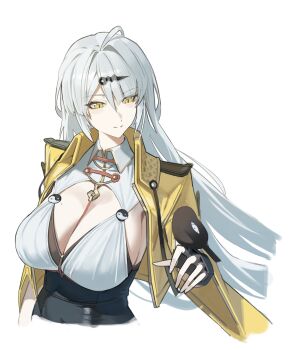 1girl absurdres bird black_unitard breasts cleavage esnowg grey_hair hair_ornament highres jacket large_breasts long_hair mole mole_on_chest simple_background single_hair_intake smile solo upper_body white_background yellow_eyes yellow_jacket yin_yang_pin yixuan_(zenless_zone_zero) zenless_zone_zero