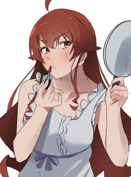 1girl absurdres ahoge applying_lipstick applying_makeup applying_own_makeup blush breasts commentary cosmetics dress eris_greyrat female_focus frilled_dress frills hands_up highres holding holding_lipstick_tube holding_mirror jiaa_(jibajibanyan03) lipstick lipstick_tube long_hair looking_at_mirror looking_at_object makeup matching_hair/eyes mirror mushoku_tensei nightgown parted_lips puckered_lips purple_ribbon red_eyes red_hair ribbon simple_background solo sweatdrop upper_body very_long_hair waist_ribbon white_background white_dress